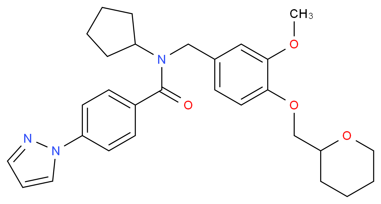 N-cyclopentyl-N-[3-methoxy-4-(tetrahydro-2H-pyran-2-ylmethoxy)benzyl]-4-(1H-pyrazol-1-yl)benzamide_分子结构_CAS_)