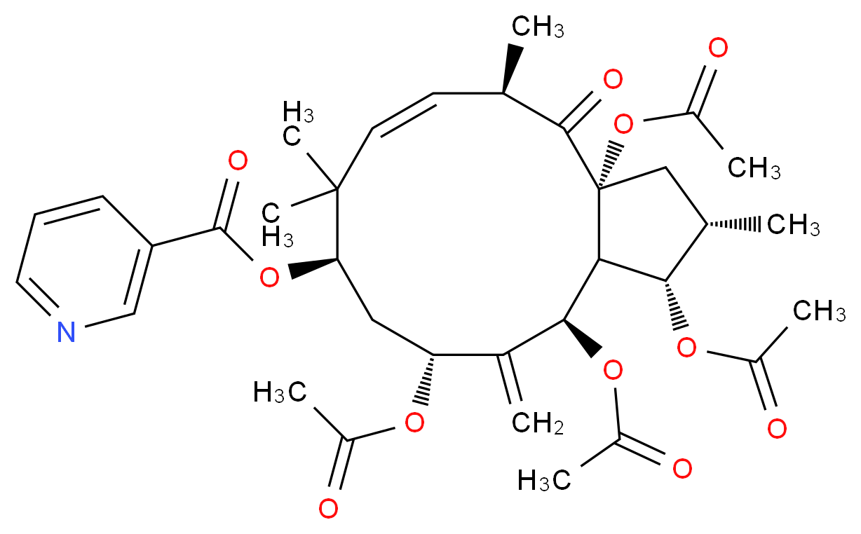 (2S,3S,3aR,4R,6R,8R,12R,13aR)-3,4,6,13a-tetrakis(acetyloxy)-2,9,9,12-tetramethyl-5-methylidene-13-oxo-1H,2H,3H,3aH,4H,5H,6H,7H,8H,9H,12H,13H,13aH-cyclopenta[12]annulen-8-yl pyridine-3-carboxylate_分子结构_CAS_244277-75-6