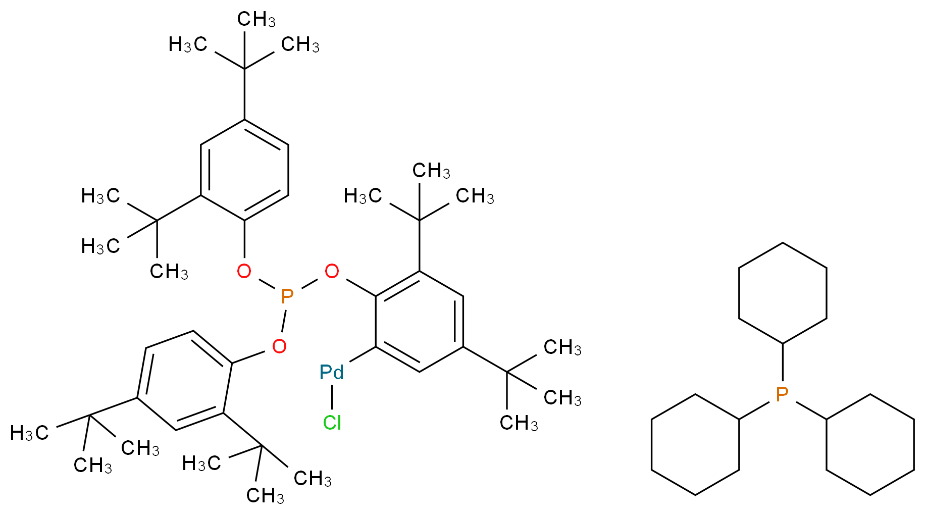 氯(η2-P,C-三(2,4-二叔丁基苯基)亚磷酸)(三环己基膦)化钯(II)_分子结构_CAS_502964-53-6)