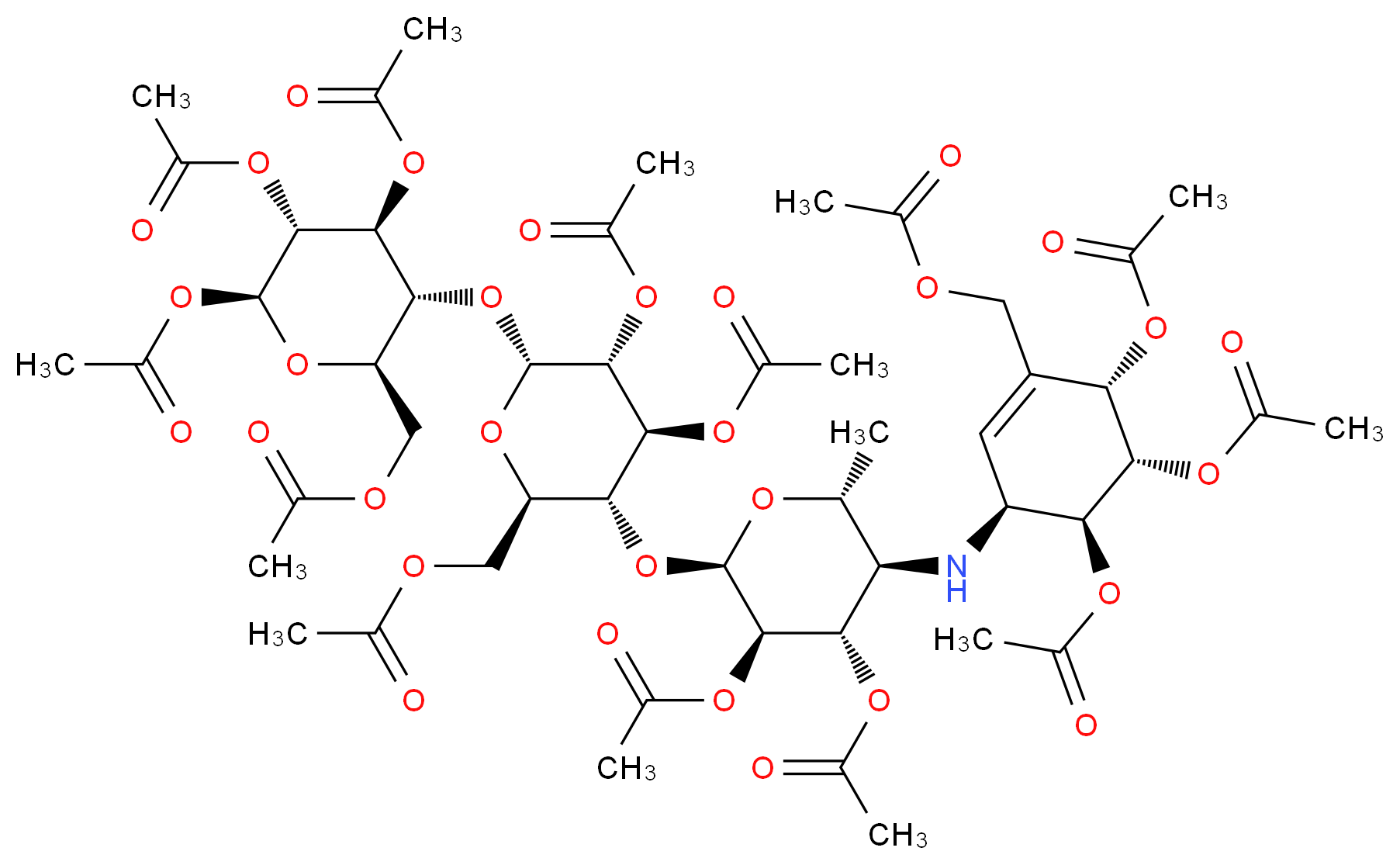 [(2R,3R,4S,5R,6S)-4,5,6-tris(acetyloxy)-3-{[(2R,3R,4S,5R,6R)-3,4-bis(acetyloxy)-6-[(acetyloxy)methyl]-5-{[(2R,3R,4S,5R,6R)-3,4-bis(acetyloxy)-6-methyl-5-{[(1S,4S,5S,6S)-4,5,6-tris(acetyloxy)-3-[(acetyloxy)methyl]cyclohex-2-en-1-yl]amino}oxan-2-yl]oxy}oxan-2-yl]oxy}oxan-2-yl]methyl acetate_分子结构_CAS_117065-98-2