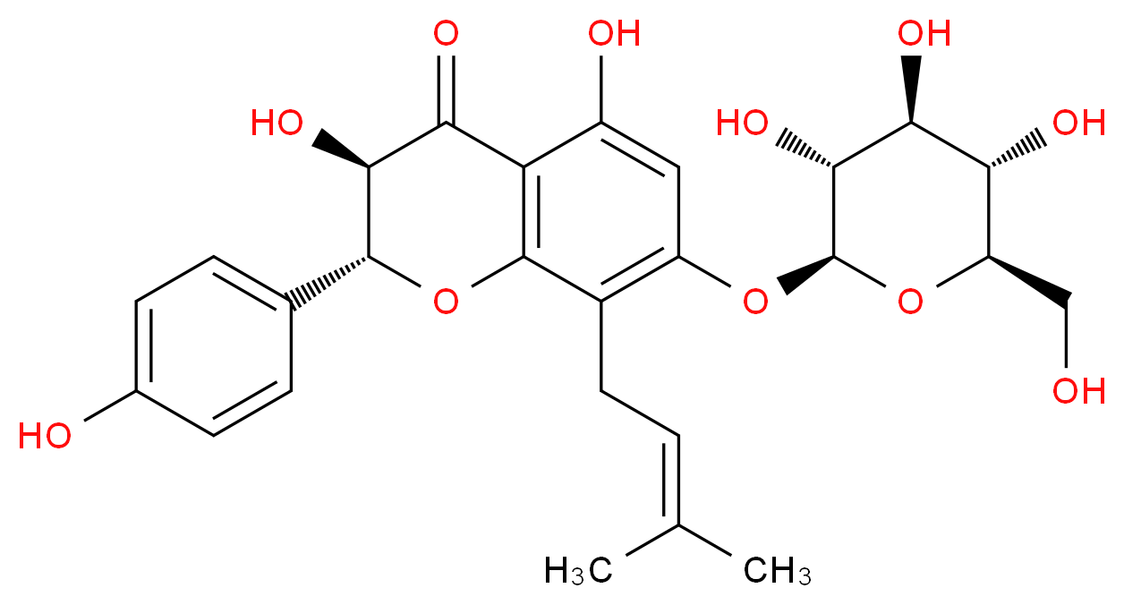 (2R,3R)-3,5-dihydroxy-2-(4-hydroxyphenyl)-8-(3-methylbut-2-en-1-yl)-7-(((2S,3R,4S,5S,6R)-3,4,5-trihydroxy-6-(hydroxymethyl)tetrahydro-2H-pyran-2-yl)oxy)chroman-4-one_分子结构_CAS_)