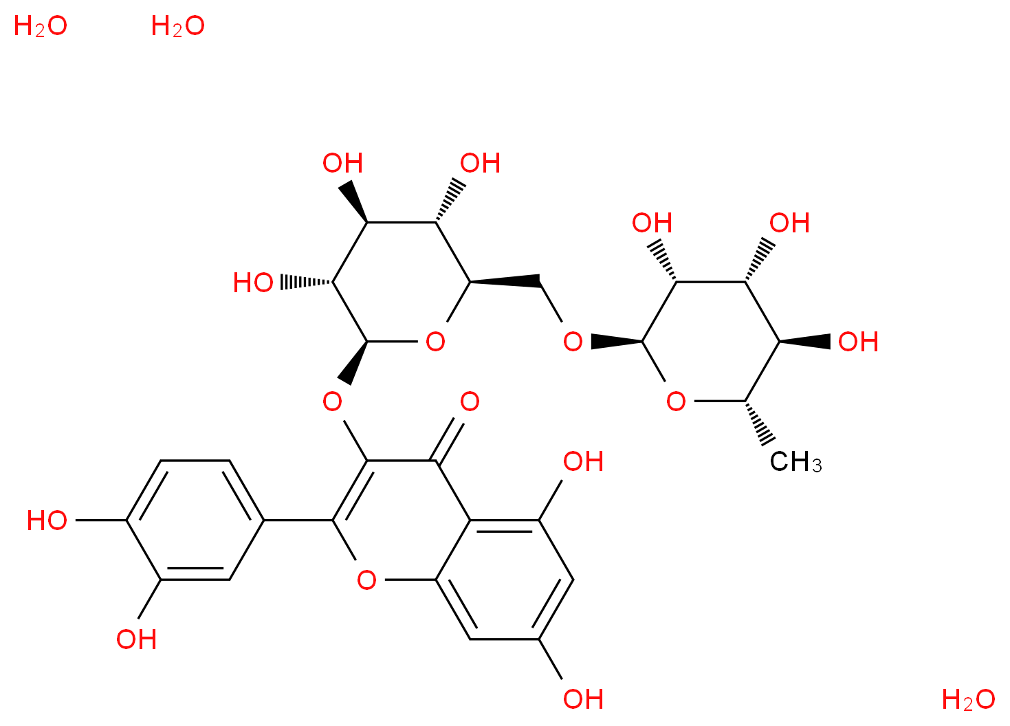 2-(3,4-dihydroxyphenyl)-5,7-dihydroxy-3-{[(2S,3R,4S,5S,6R)-3,4,5-trihydroxy-6-({[(2R,3R,4R,5R,6S)-3,4,5-trihydroxy-6-methyloxan-2-yl]oxy}methyl)oxan-2-yl]oxy}-4H-chromen-4-one trihydrate_分子结构_CAS_250249-75-3