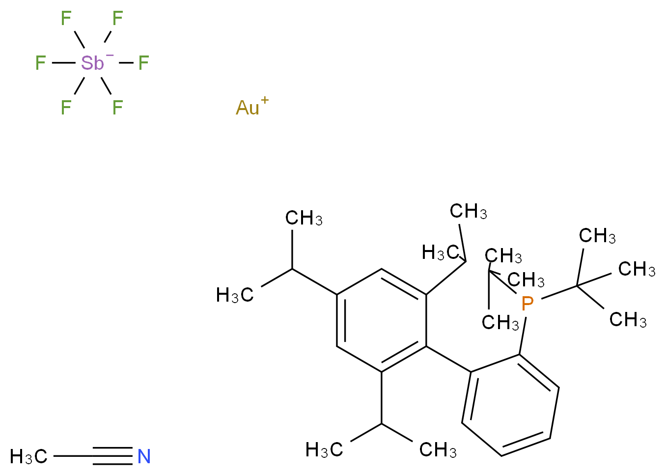 gold(1+) ion acetonitrile di-tert-butyl({2-[2,4,6-tris(propan-2-yl)phenyl]phenyl})phosphane hexafluorostibanuide_分子结构_CAS_1140531-94-7