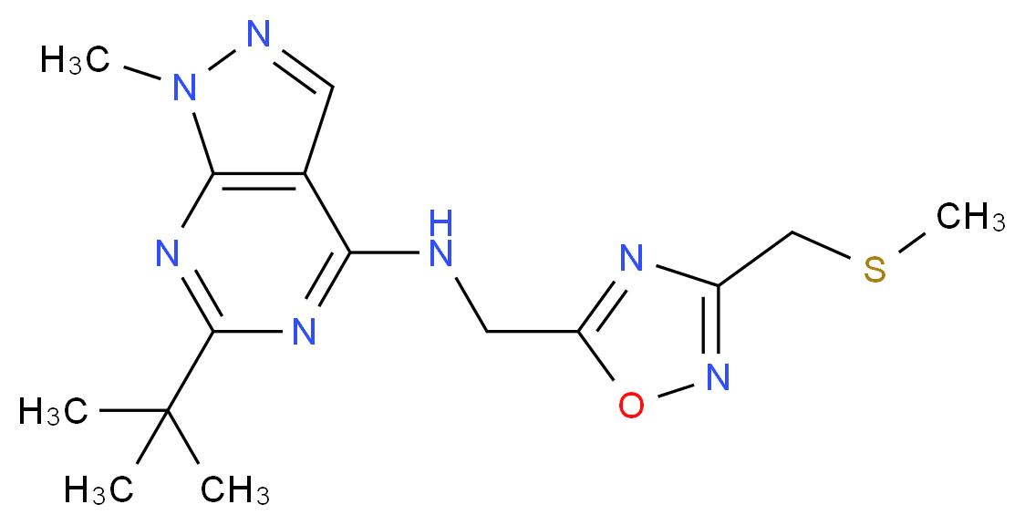 6-tert-butyl-1-methyl-N-({3-[(methylthio)methyl]-1,2,4-oxadiazol-5-yl}methyl)-1H-pyrazolo[3,4-d]pyrimidin-4-amine_分子结构_CAS_)