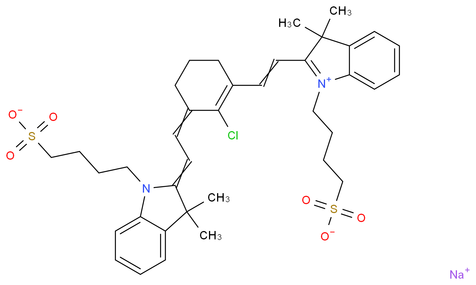 sodium 2-[2-(2-chloro-3-{2-[3,3-dimethyl-1-(4-sulfonatobutyl)-2,3-dihydro-1H-indol-2-ylidene]ethylidene}cyclohex-1-en-1-yl)ethenyl]-3,3-dimethyl-1-(4-sulfonatobutyl)-3H-indol-1-ium_分子结构_CAS_115970-66-6