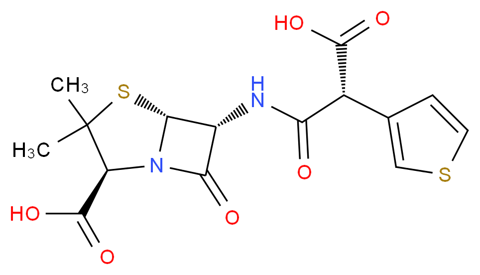 (2S,5R,6R)-6-[(2R)-2-carboxy-2-(thiophen-3-yl)acetamido]-3,3-dimethyl-7-oxo-4-thia-1-azabicyclo[3.2.0]heptane-2-carboxylic acid_分子结构_CAS_34787-01-4