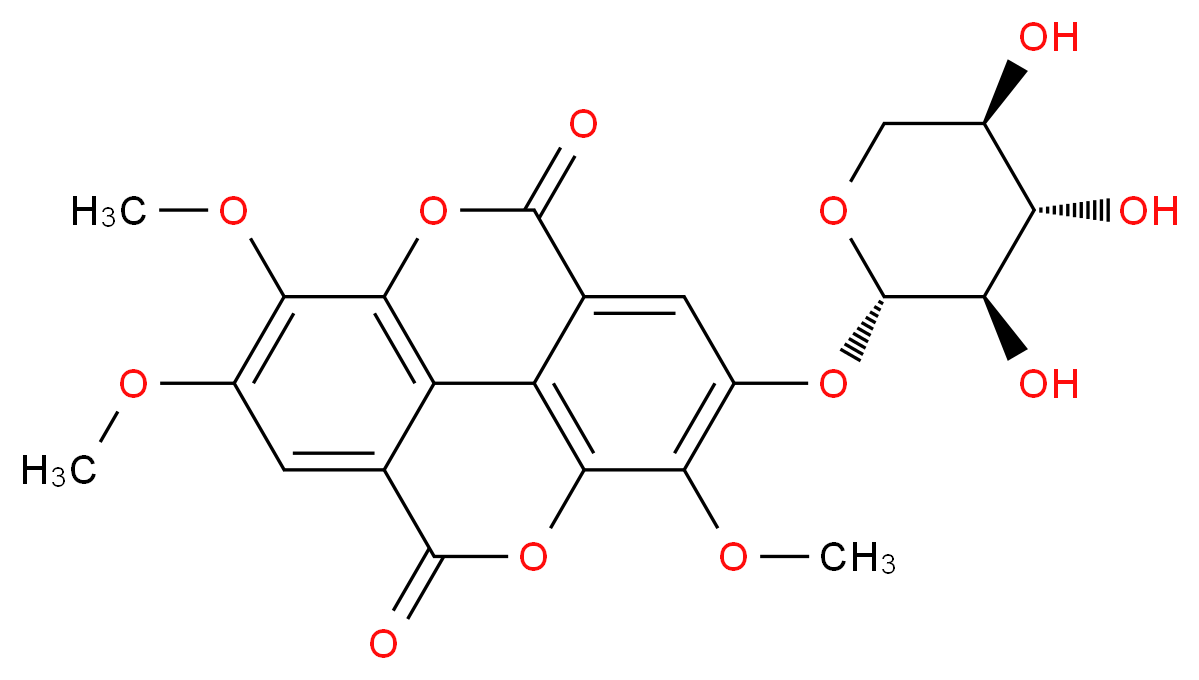 6,7,14-trimethoxy-13-{[(2S,3R,4S,5R)-3,4,5-trihydroxyoxan-2-yl]oxy}-2,9-dioxatetracyclo[6.6.2.0<sup>4</sup>,<sup>1</sup><sup>6</sup>.0<sup>1</sup><sup>1</sup>,<sup>1</sup><sup>5</sup>]hexadeca-1(15),4(16),5,7,11,13-hexaene-3,10-dione_分子结构_CAS_136133-08-9