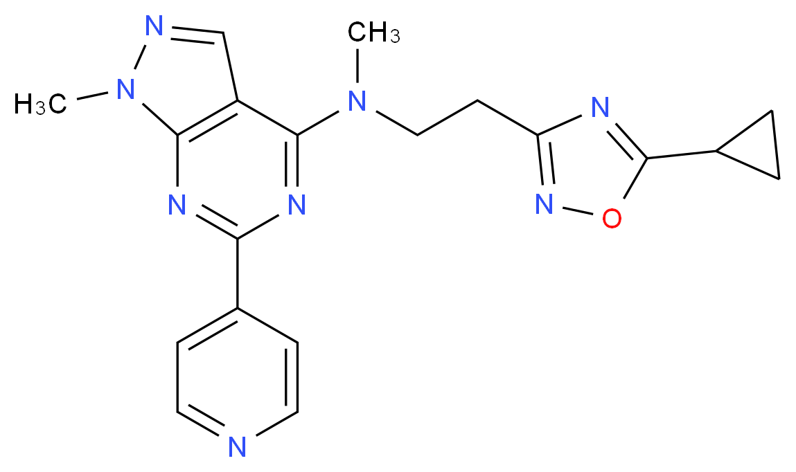 N-[2-(5-cyclopropyl-1,2,4-oxadiazol-3-yl)ethyl]-N,1-dimethyl-6-pyridin-4-yl-1H-pyrazolo[3,4-d]pyrimidin-4-amine_分子结构_CAS_)
