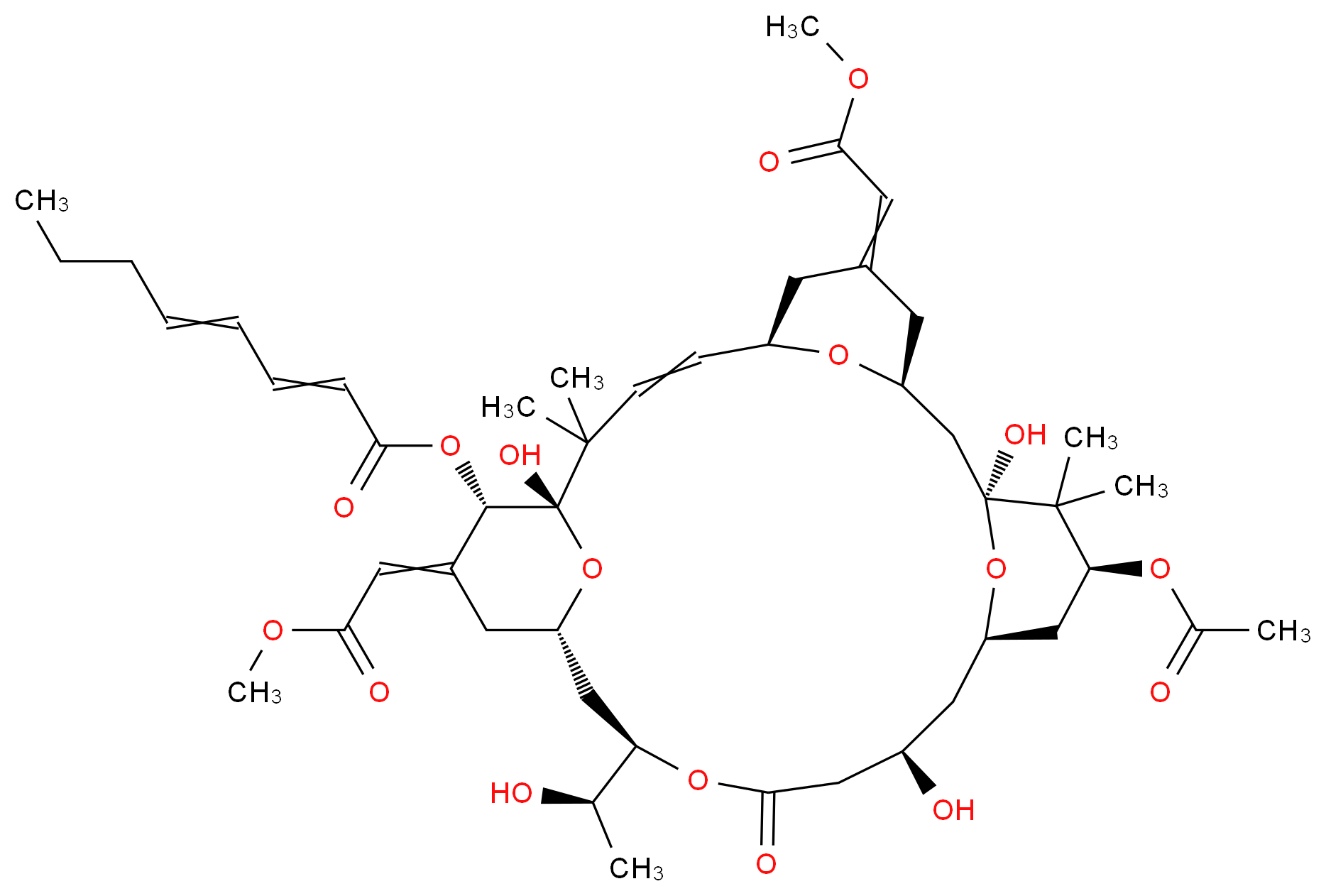 (1S,3S,7R,11S,12S,15S,17R,21R,23R,25S)-25-(acetyloxy)-1,11,21-trihydroxy-17-[(1R)-1-hydroxyethyl]-5,13-bis(2-methoxy-2-oxoethylidene)-10,10,26,26-tetramethyl-19-oxo-18,27,28,29-tetraoxatetracyclo[21.3.1.1<sup>3</sup>,<sup>7</sup>.1<sup>1</sup><sup>1</sup>,<sup>1</sup><sup>5</sup>]nonacos-8-en-12-yl octa-2,4-dienoate_分子结构_CAS_83314-01-6