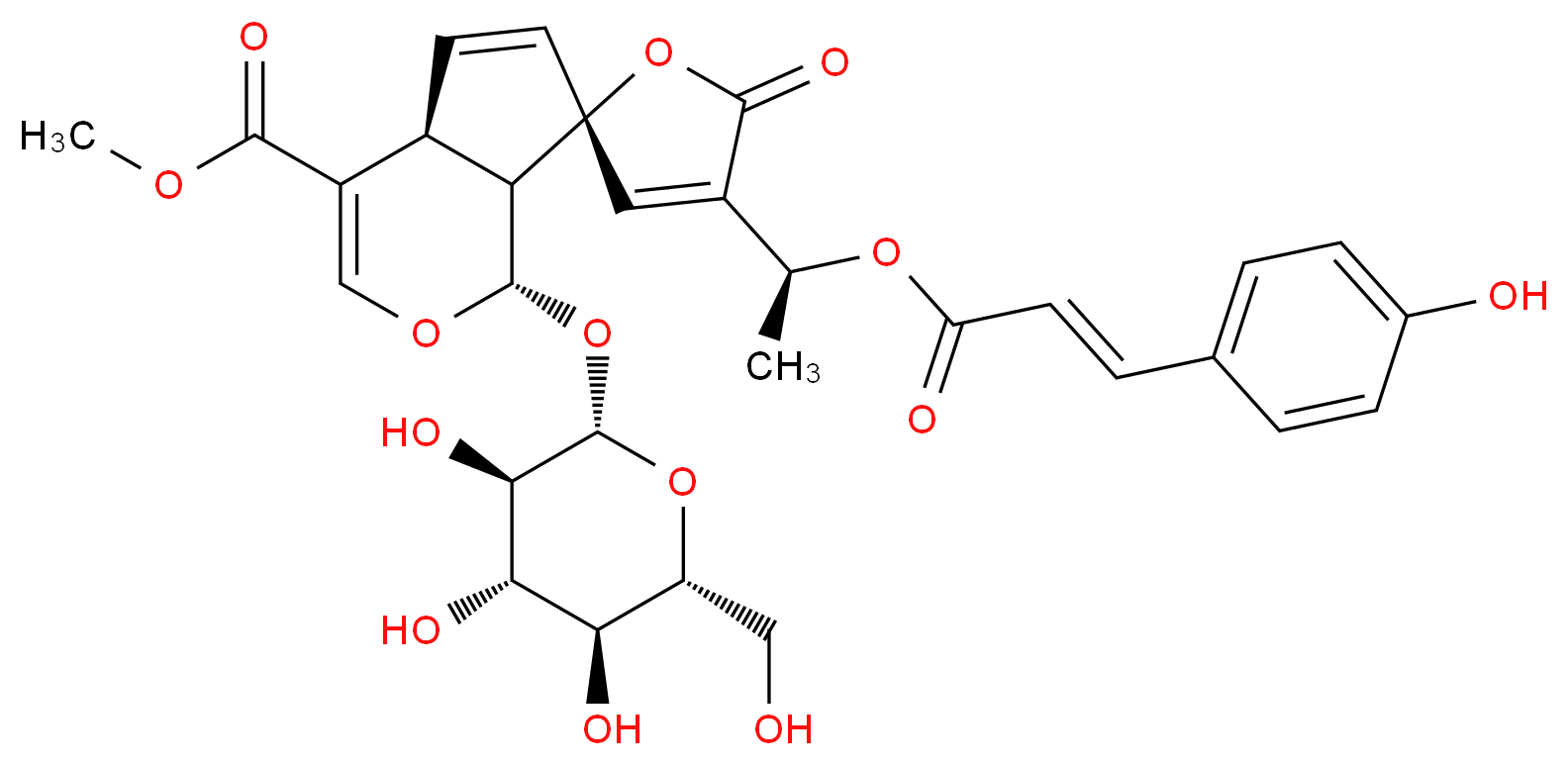 methyl (1S,4aS,7R,7aS)-4'-[(1S)-1-{[(2E)-3-(4-hydroxyphenyl)prop-2-enoyl]oxy}ethyl]-5'-oxo-1-{[(2S,3R,4S,5S,6R)-3,4,5-trihydroxy-6-(hydroxymethyl)oxan-2-yl]oxy}-4a,7a-dihydro-1H,5'H-spiro[cyclopenta[c]pyran-7,2'-furan]-4-carboxylate_分子结构_CAS_80416-52-0