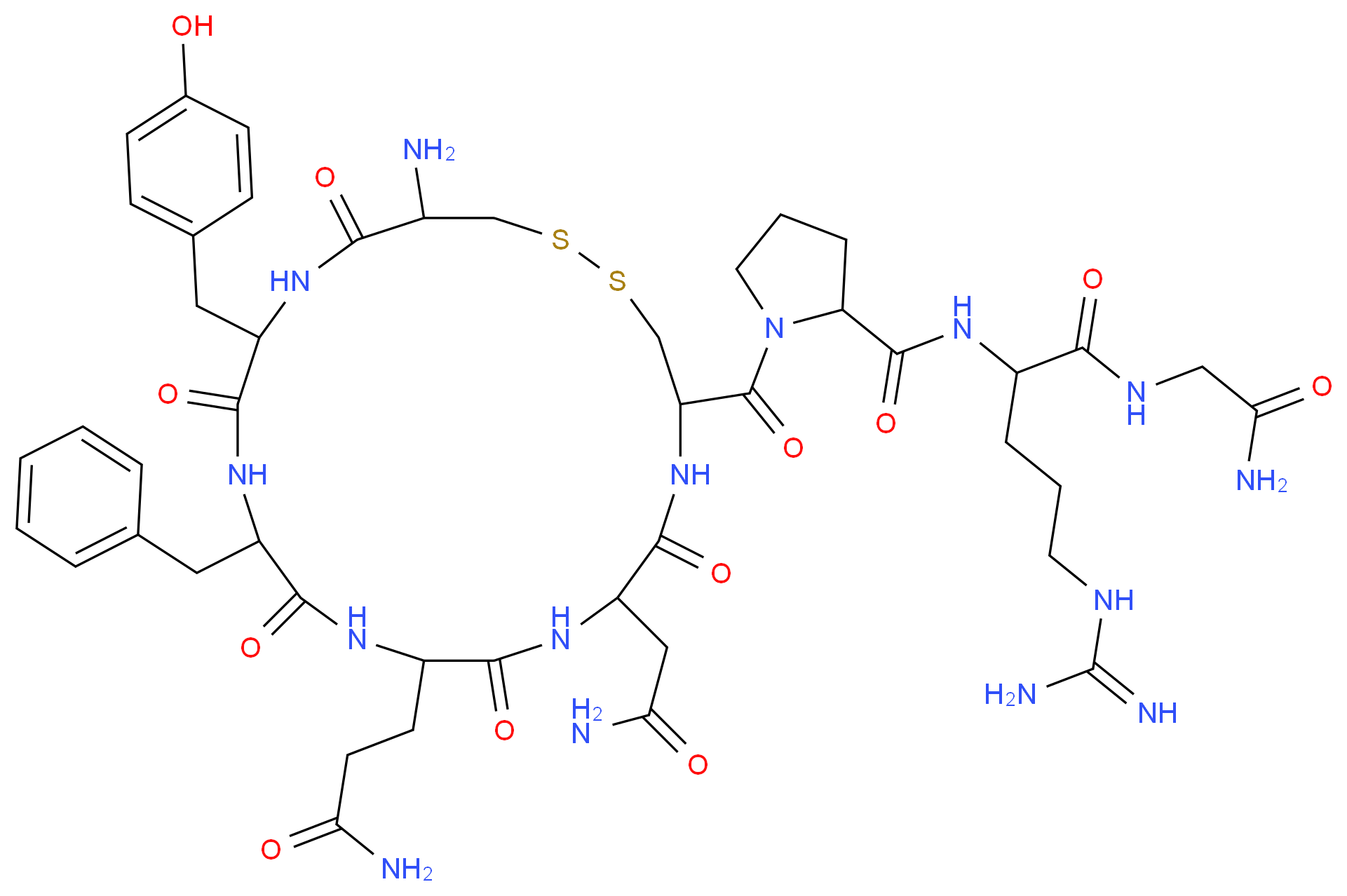 2-({1-[19-amino-13-benzyl-10-(2-carbamoylethyl)-7-(carbamoylmethyl)-16-[(4-hydroxyphenyl)methyl]-6,9,12,15,18-pentaoxo-1,2-dithia-5,8,11,14,17-pentaazacycloicosane-4-carbonyl]pyrrolidin-2-yl}formamido)-5-carbamimidamido-N-(carbamoylmethyl)pentanamide_分子结构_CAS_113-79-1