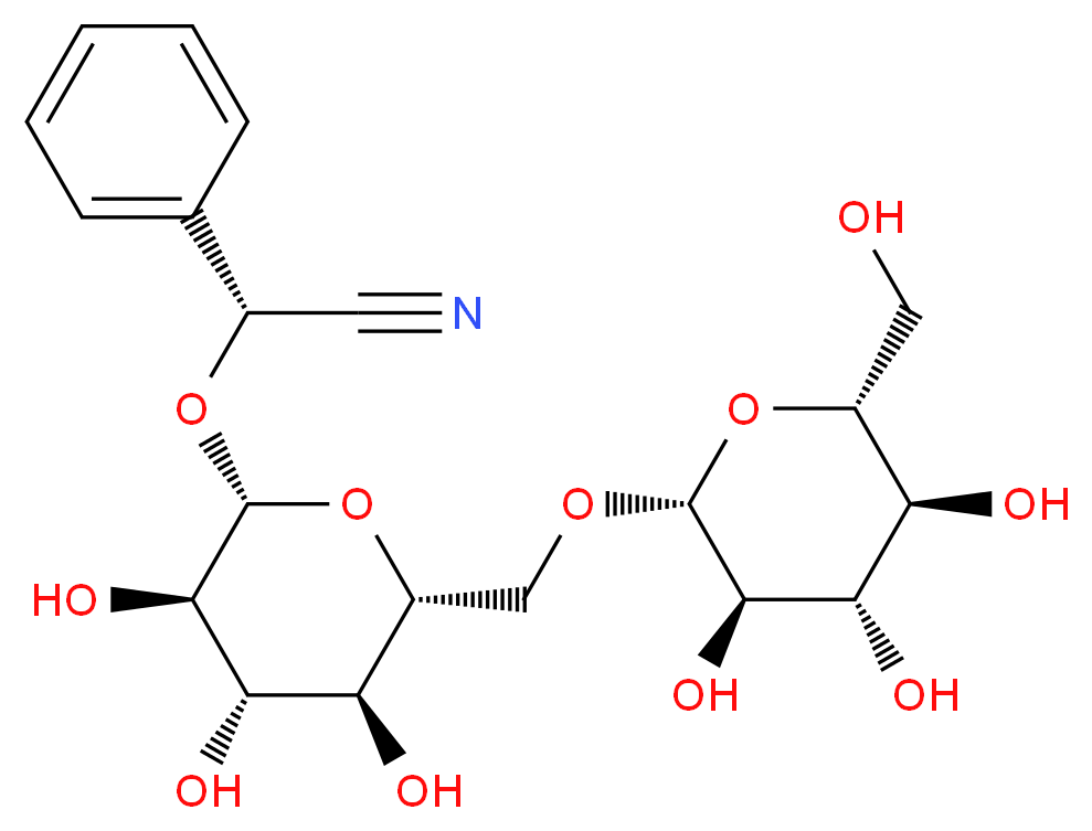 (2R)-2-phenyl-2-{[(2R,3R,4S,5S,6R)-3,4,5-trihydroxy-6-({[(2R,3R,4S,5S,6R)-3,4,5-trihydroxy-6-(hydroxymethyl)oxan-2-yl]oxy}methyl)oxan-2-yl]oxy}acetonitrile_分子结构_CAS_29883-15-6
