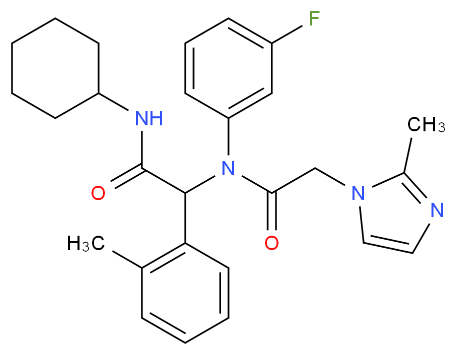 N-cyclohexyl-2-[N-(3-fluorophenyl)-2-(2-methyl-1H-imidazol-1-yl)acetamido]-2-(2-methylphenyl)acetamide_分子结构_CAS_1355326-35-0