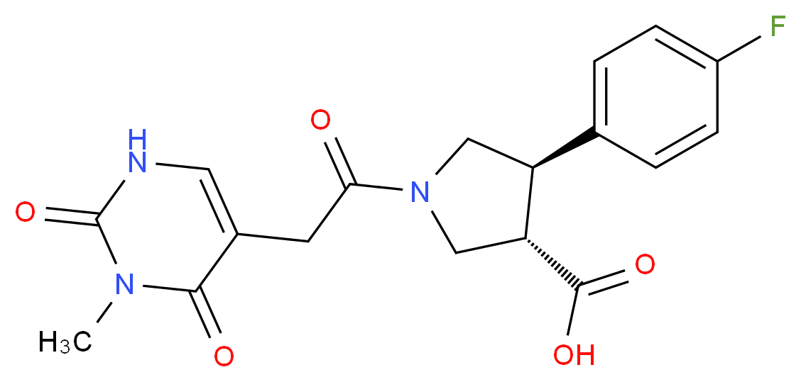 (3S*,4R*)-4-(4-fluorophenyl)-1-[(3-methyl-2,4-dioxo-1,2,3,4-tetrahydropyrimidin-5-yl)acetyl]pyrrolidine-3-carboxylic acid_分子结构_CAS_)