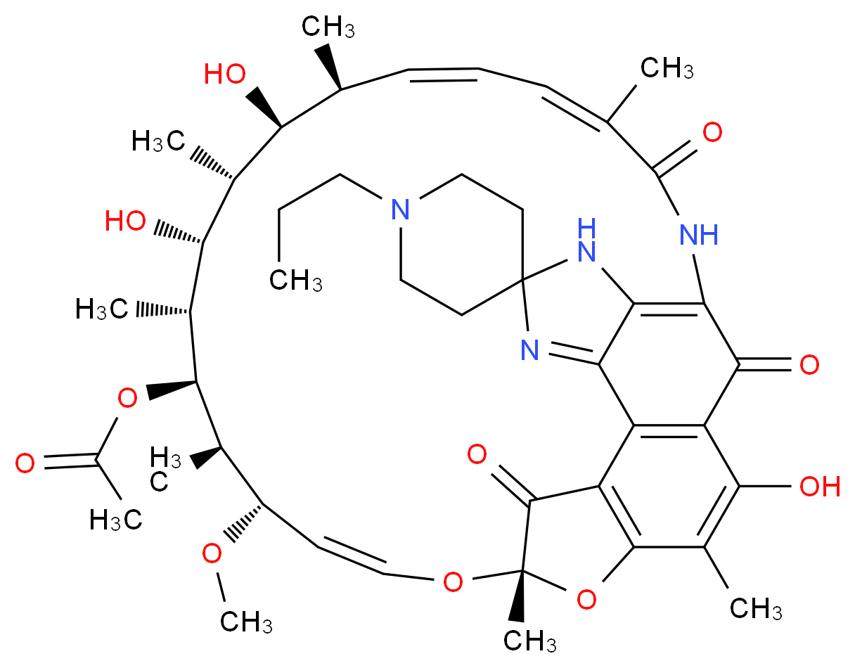 (7S,9E,11S,12R,13S,14R,15R,16R,17S,18S,19E,21E)-2,15,17-trihydroxy-11-methoxy-3,7,12,14,16,18,22-heptamethyl-6,23,32-trioxo-1'-propyl-8,33-dioxa-24,27,29-triazaspiro[pentacyclo[23.6.1.1<sup>4</sup>,<sup>7</sup>.0<sup>5</sup>,<sup>3</sup><sup>1</sup>.0<sup>2</sup><sup>6</sup>,<sup>3</sup><sup>0</sup>]tritriacontane-28,4'-piperidin]-1(31),2,4,9,19,21,25,29-octaen-13-yl acetate_分子结构_CAS_75903-10-5