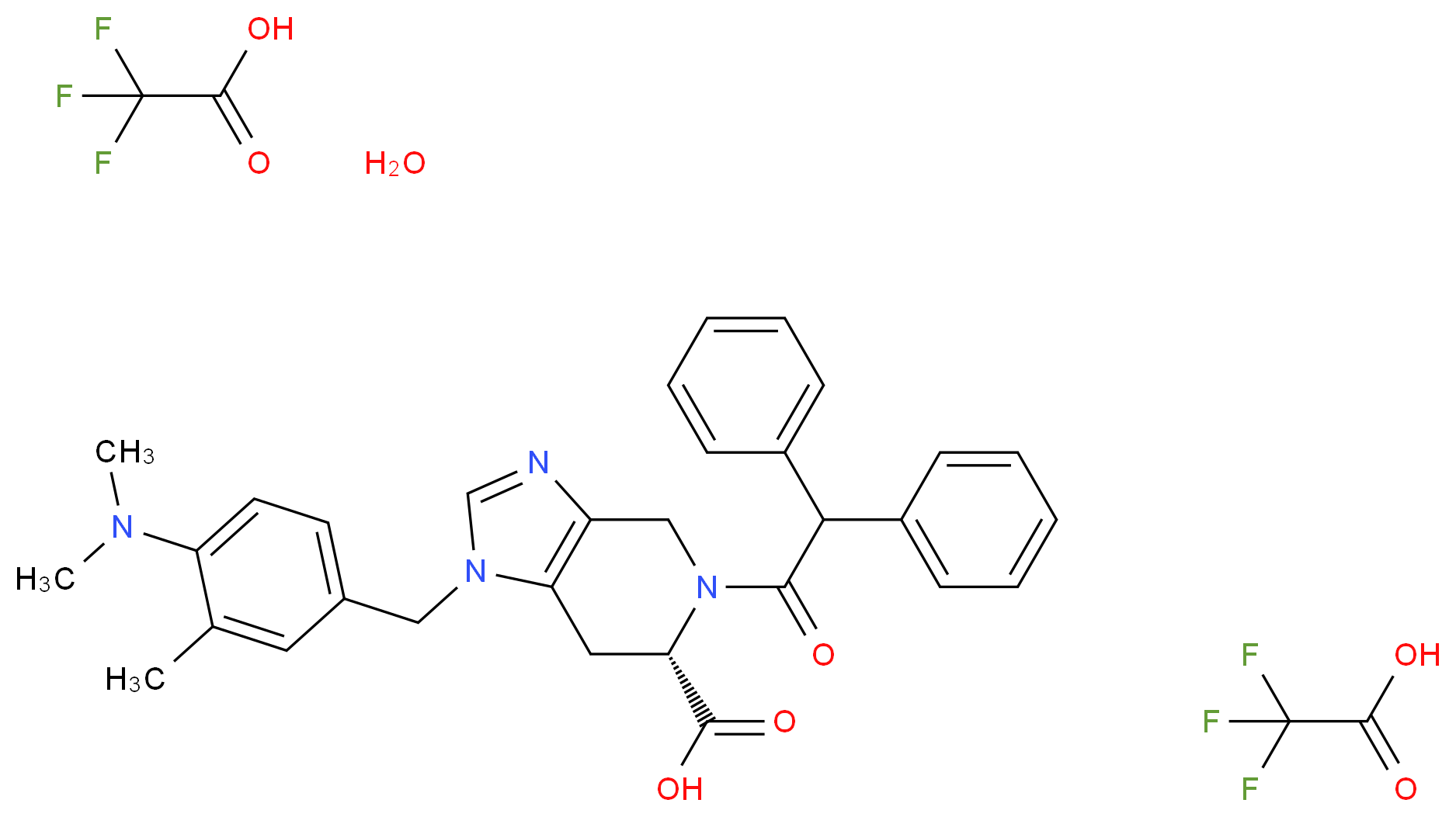 (6S)-1-{[4-(dimethylamino)-3-methylphenyl]methyl}-5-(2,2-diphenylacetyl)-1H,4H,5H,6H,7H-imidazo[4,5-c]pyridine-6-carboxylic acid bis(trifluoroacetic acid) hydrate_分子结构_CAS_136676-91-0