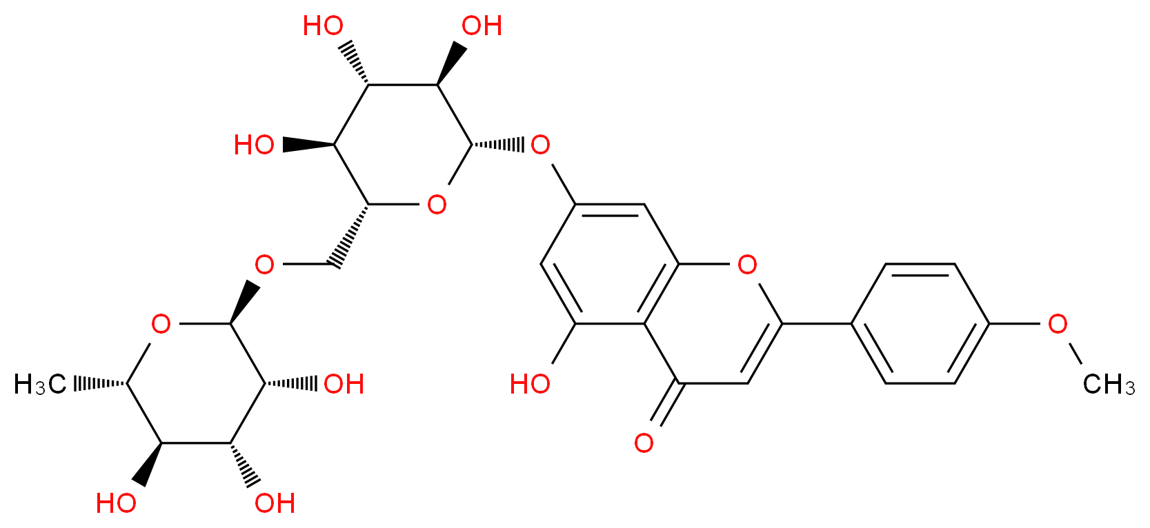 5-hydroxy-2-(4-methoxyphenyl)-7-{[(2S,3R,4S,5S,6R)-3,4,5-trihydroxy-6-({[(2R,3R,4R,5R,6S)-3,4,5-trihydroxy-6-methyloxan-2-yl]oxy}methyl)oxan-2-yl]oxy}-4H-chromen-4-one_分子结构_CAS_480-36-4