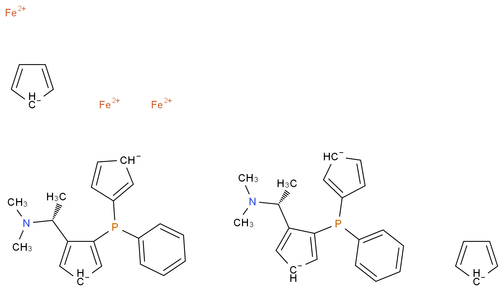 tris(λ<sup>2</sup>-iron(2+) ion) bis(3-[cyclopenta-1,4-dien-3-id-1-yl(phenyl)phosphanyl]-4-[(1R)-1-(dimethylamino)ethyl]cyclopenta-2,4-dien-1-ide) bis(cyclopenta-2,4-dien-1-ide)_分子结构_CAS_899811-43-9