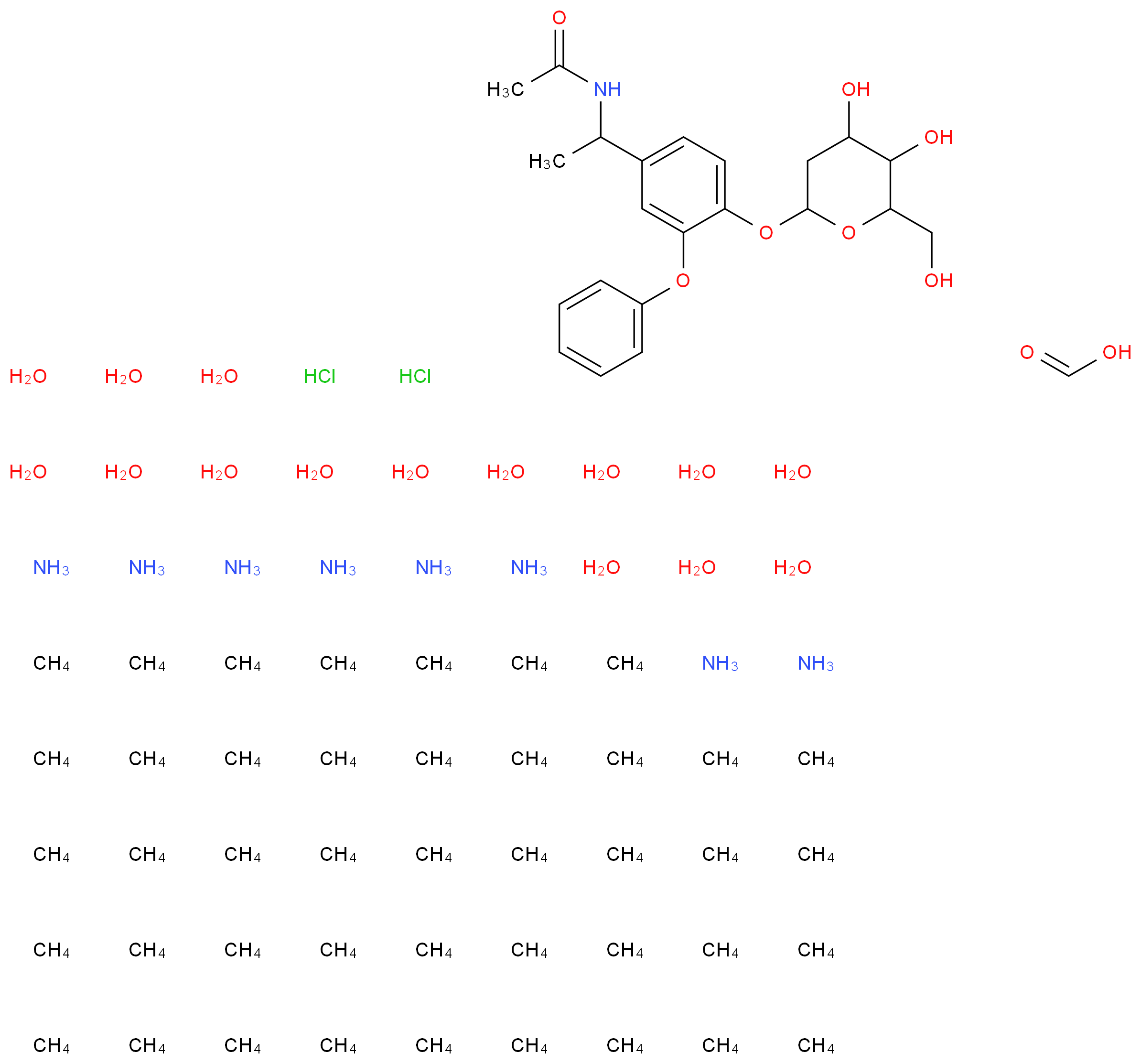 N-[1-(4-{[4,5-dihydroxy-6-(hydroxymethyl)oxan-2-yl]oxy}-3-phenoxyphenyl)ethyl]acetamide formic acid tritetracontakis(methane) octaamine pentadecahydrate dihydrochloride_分子结构_CAS_123409-00-7