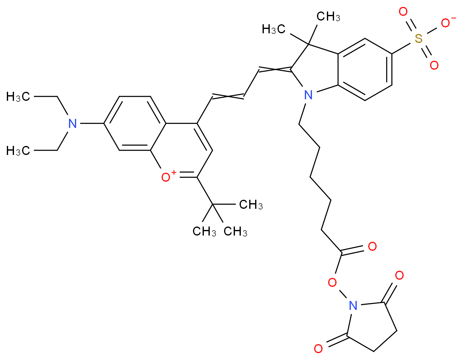 2-tert-butyl-7-(diethylamino)-4-[3-(1-{6-[(2,5-dioxopyrrolidin-1-yl)oxy]-6-oxohexyl}-3,3-dimethyl-5-sulfonato-2,3-dihydro-1H-indol-2-ylidene)prop-1-en-1-yl]-1λ<sup>4</sup>-chromen-1-ylium_分子结构_CAS_350496-73-0