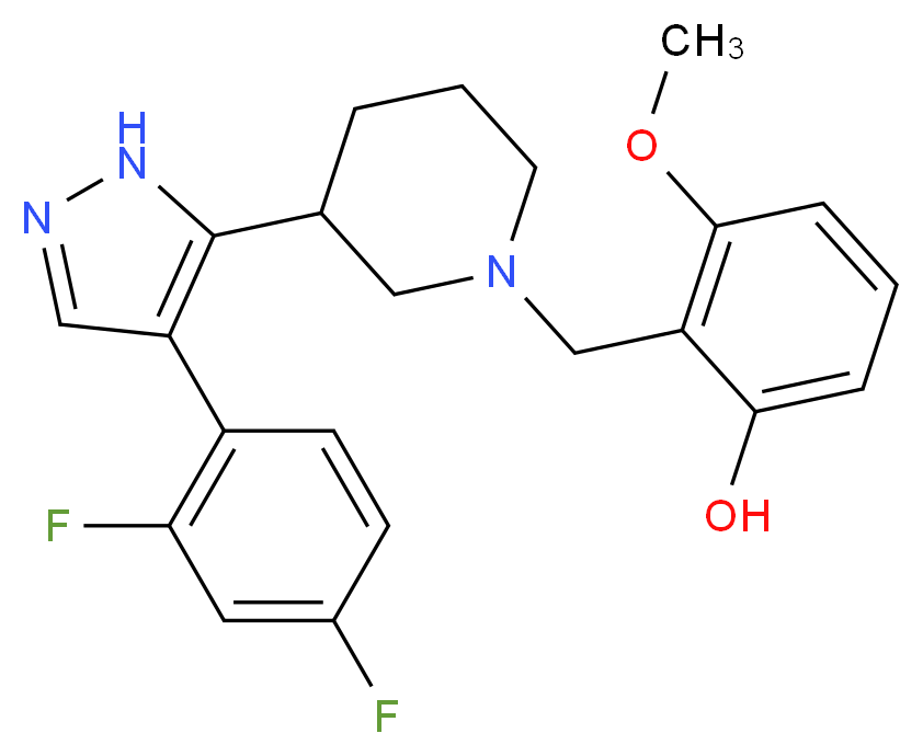 2-({3-[4-(2,4-difluorophenyl)-1H-pyrazol-5-yl]-1-piperidinyl}methyl)-3-methoxyphenol_分子结构_CAS_)