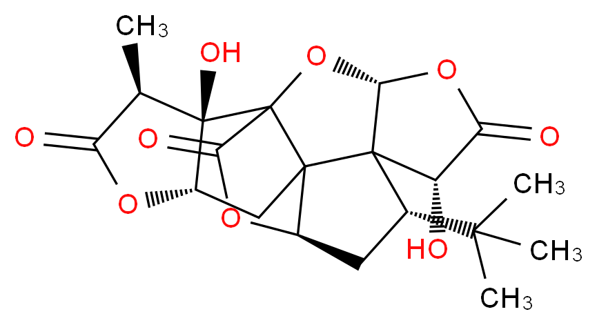 (3R,6R,8S,10R,13S,16S,17R)-8-tert-butyl-6,17-dihydroxy-16-methyl-2,4,14,19-tetraoxahexacyclo[8.7.2.0<sup>1</sup>,<sup>1</sup><sup>1</sup>.0<sup>3</sup>,<sup>7</sup>.0<sup>7</sup>,<sup>1</sup><sup>1</sup>.0<sup>1</sup><sup>3</sup>,<sup>1</sup><sup>7</sup>]nonadecane-5,15,18-trione_分子结构_CAS_15291-75-5