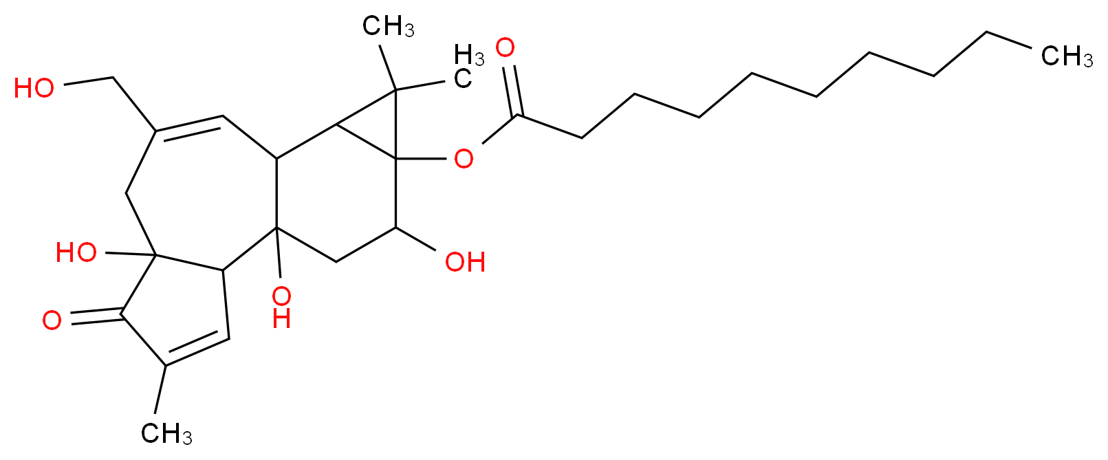 1,6,14-trihydroxy-8-(hydroxymethyl)-4,12,12-trimethyl-5-oxotetracyclo[8.5.0.0^{2,6}.0^{11,13}]pentadeca-3,8-dien-13-yl decanoate_分子结构_CAS_76423-69-3