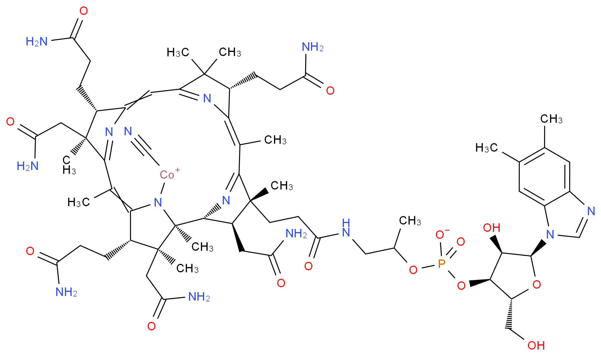 cyano[(1R,2R,3R,4R,8S,13S,14S,18S,19S)-8,13,18-tris(2-carbamoylethyl)-3,14,19-tris(carbamoylmethyl)-4-{2-[(2-{[(2R,3S,4R,5S)-5-(5,6-dimethyl-1H-1,3-benzodiazol-1-yl)-4-hydroxy-2-(hydroxymethyl)oxolan-3-yl phosphonato]oxy}propyl)carbamoyl]ethyl}-1,4,6,9,9,14,16,19-octamethyl-20,21,22,23-tetraazapentacyclo[15.2.1.1<sup>2</sup>,<sup>5</sup>.1<sup>7</sup>,<sup>1</sup><sup>0</sup>.1<sup>1</sup><sup>2</sup>,<sup>1</sup><sup>5</sup>]tricosa-5(23),6,10(22),11,15(21),16-hexaen-20-yl]cobaltylium_分子结构_CAS_68-19-9