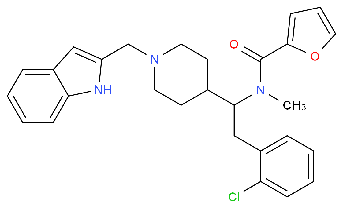 N-{2-(2-chlorophenyl)-1-[1-(1H-indol-2-ylmethyl)-4-piperidinyl]ethyl}-N-methyl-2-furamide_分子结构_CAS_)