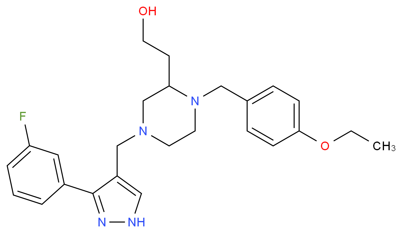2-(1-(4-ethoxybenzyl)-4-{[3-(3-fluorophenyl)-1H-pyrazol-4-yl]methyl}-2-piperazinyl)ethanol_分子结构_CAS_)