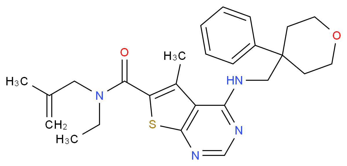 N-ethyl-5-methyl-N-(2-methyl-2-propen-1-yl)-4-{[(4-phenyltetrahydro-2H-pyran-4-yl)methyl]amino}thieno[2,3-d]pyrimidine-6-carboxamide_分子结构_CAS_)
