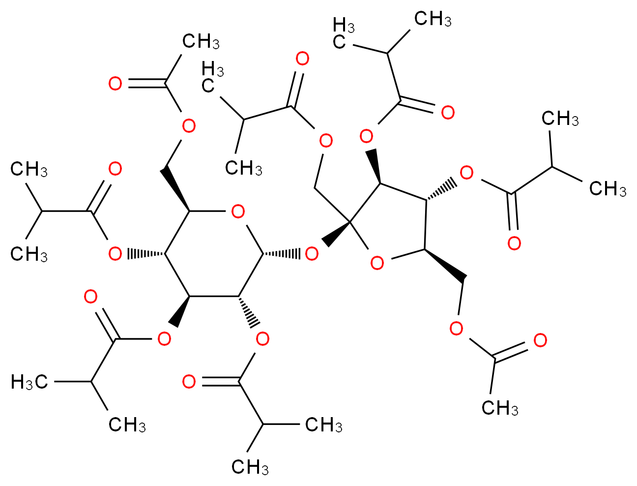 [(2S,3S,4R,5R)-5-[(acetyloxy)methyl]-2-{[(2R,3R,4S,5R,6R)-6-[(acetyloxy)methyl]-3,4,5-tris[(2-methylpropanoyl)oxy]oxan-2-yl]oxy}-3,4-bis[(2-methylpropanoyl)oxy]oxolan-2-yl]methyl 2-methylpropanoate_分子结构_CAS_126-13-6