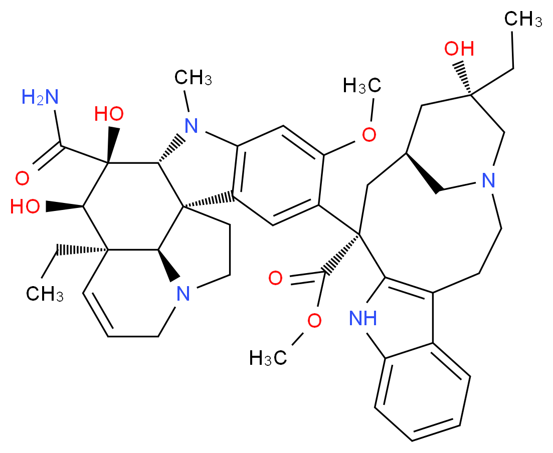 methyl (13S,15S,17S)-13-[(1R,9R,10S,11R,12R,19R)-10-carbamoyl-12-ethyl-10,11-dihydroxy-5-methoxy-8-methyl-8,16-diazapentacyclo[10.6.1.0<sup>1</sup>,<sup>9</sup>.0<sup>2</sup>,<sup>7</sup>.0<sup>1</sup><sup>6</sup>,<sup>1</sup><sup>9</sup>]nonadeca-2,4,6,13-tetraen-4-yl]-17-ethyl-17-hydroxy-1,11-diazatetracyclo[13.3.1.0<sup>4</sup>,<sup>1</sup><sup>2</sup>.0<sup>5</sup>,<sup>1</sup><sup>0</sup>]nonadeca-4(12),5,7,9-tetraene-13-carboxylate_分子结构_CAS_59917-39-4