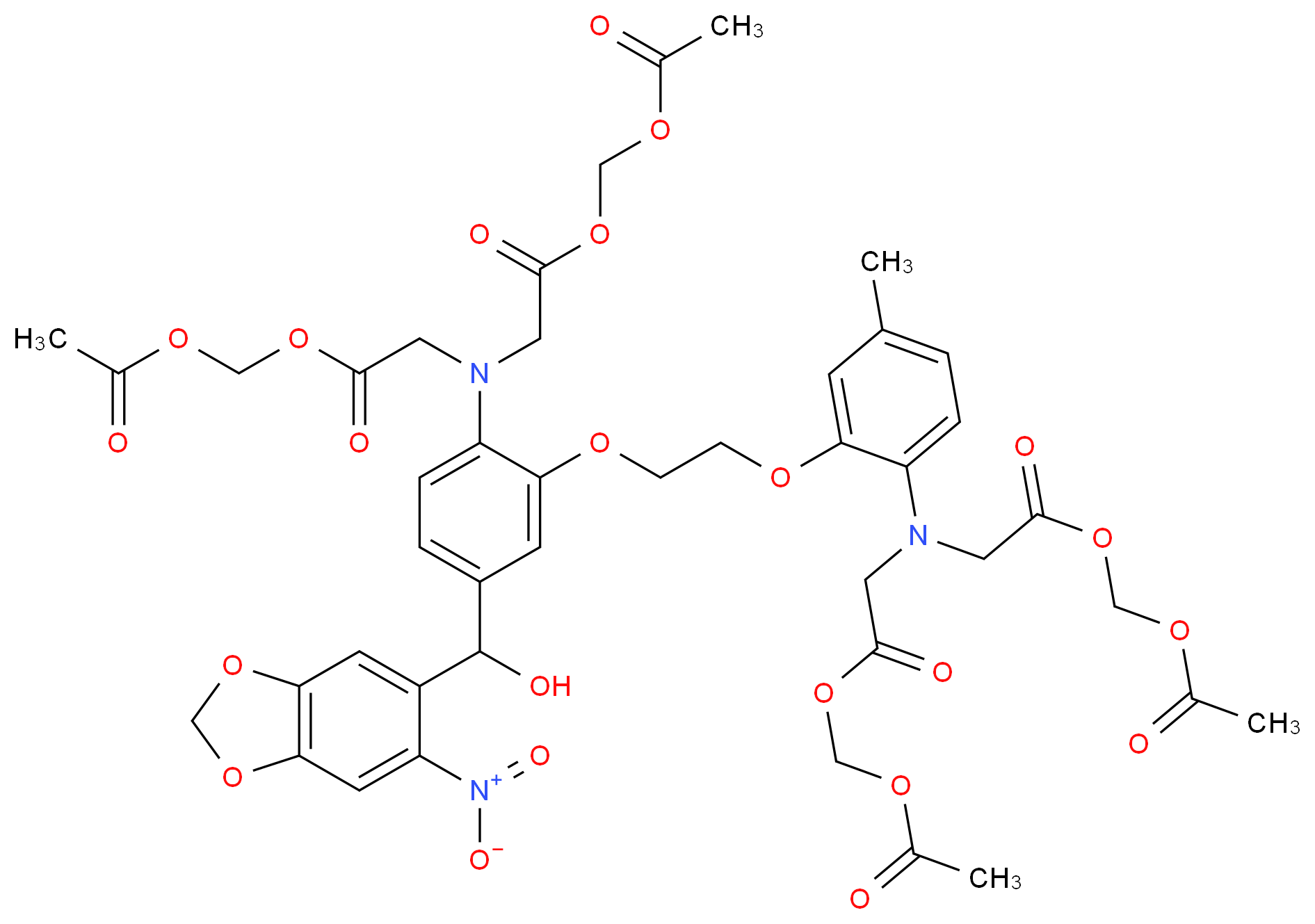 (acetyloxy)methyl 2-({2-[(acetyloxy)methoxy]-2-oxoethyl}[2-(2-{2-[bis({2-[(acetyloxy)methoxy]-2-oxoethyl})amino]-5-[hydroxy(6-nitro-2H-1,3-benzodioxol-5-yl)methyl]phenoxy}ethoxy)-4-methylphenyl]amino)acetate_分子结构_CAS_209161-73-9