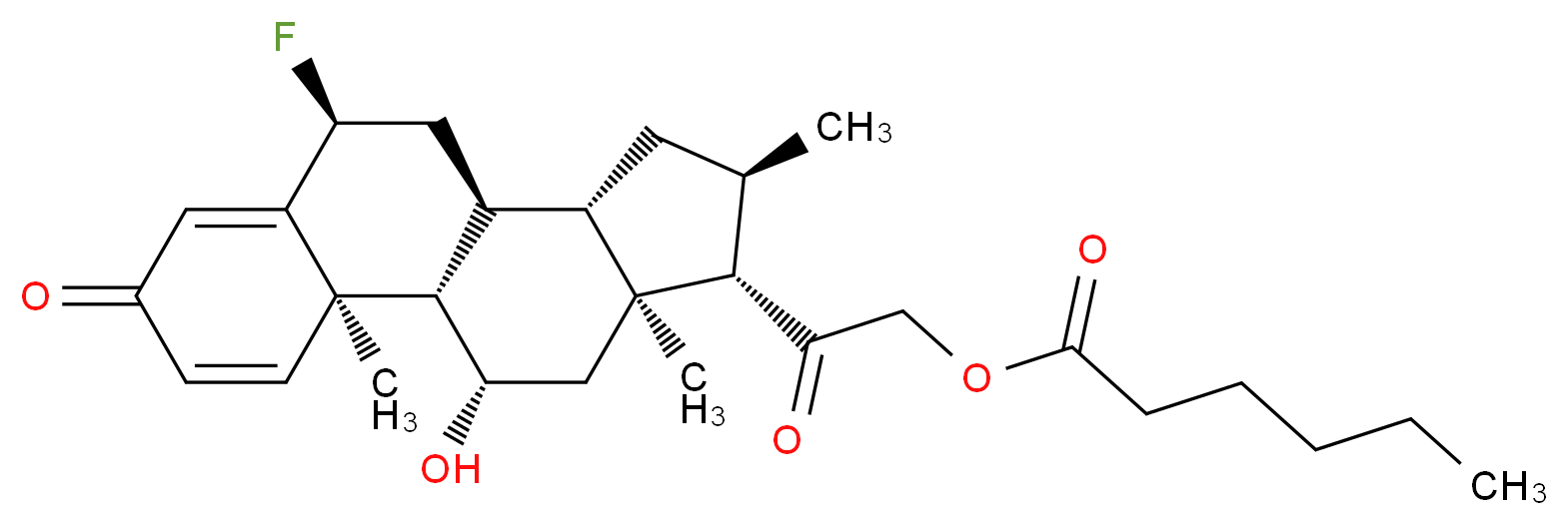 2-[(1S,2R,8S,10S,11S,13R,14S,15S,17S)-8-fluoro-17-hydroxy-2,13,15-trimethyl-5-oxotetracyclo[8.7.0.0<sup>2</sup>,<sup>7</sup>.0<sup>1</sup><sup>1</sup>,<sup>1</sup><sup>5</sup>]heptadeca-3,6-dien-14-yl]-2-oxoethyl hexanoate_分子结构_CAS_303-40-2