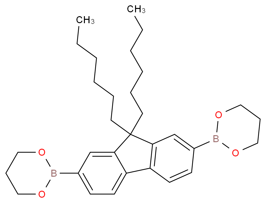 2-[7-(1,3,2-dioxaborinan-2-yl)-9,9-dihexyl-9H-fluoren-2-yl]-1,3,2-dioxaborinane_分子结构_CAS_250597-29-6