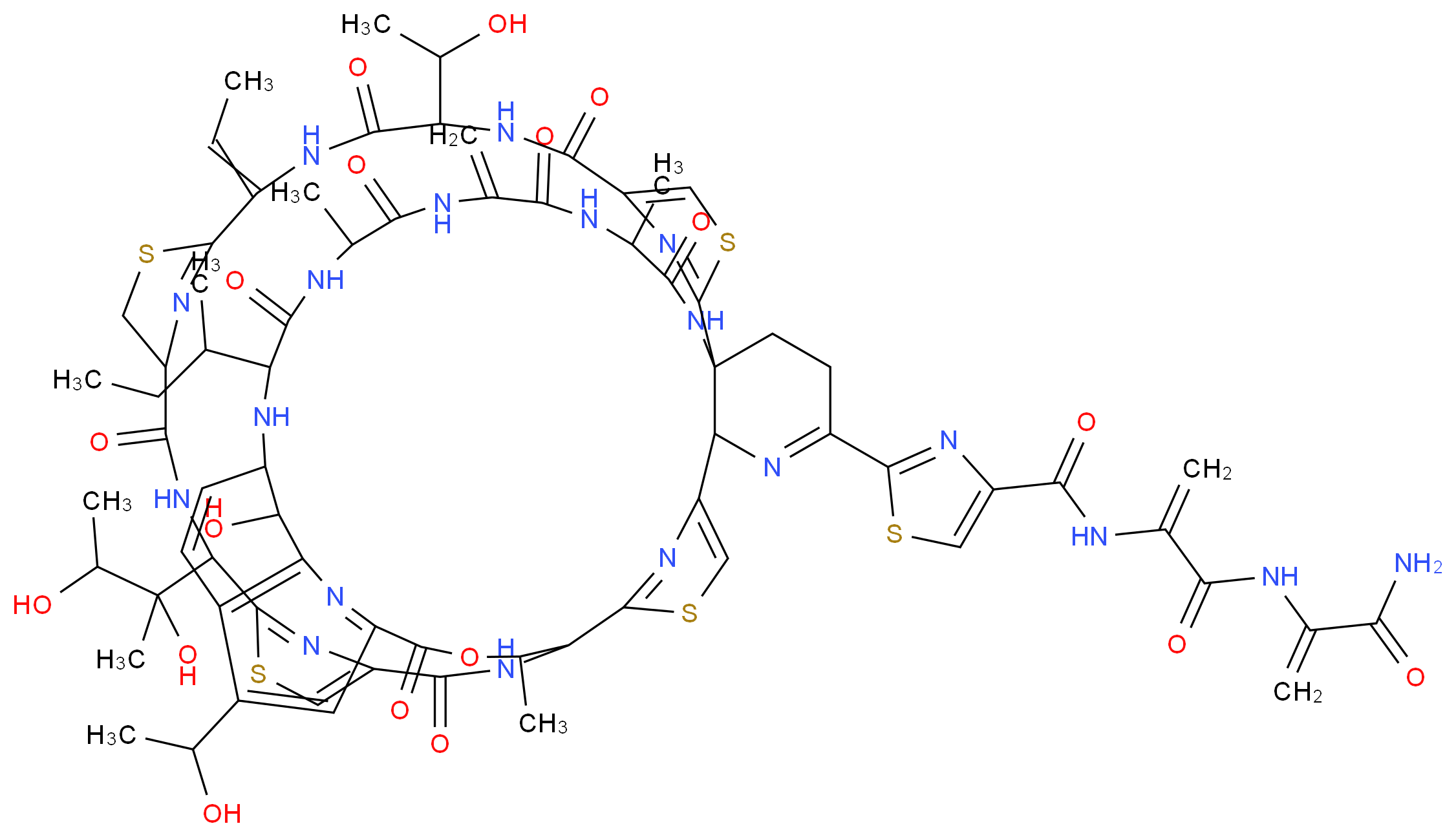 2-({2-[37-(butan-2-yl)-18-(2,3-dihydroxybutan-2-yl)-11-ethylidene-59-hydroxy-8,60-bis(1-hydroxyethyl)-26,40,46-trimethyl-43-methylidene-6,9,16,23,28,38,41,44,47-nonaoxo-27-oxa-3,13,20,56-tetrathia-7,10,17,24,30,36,39,42,45,48,52,58,62,63,64-pentadecaazanonacyclo[23.23.9.2??,??.1?,?.1??,??.1??,??.1??,??.1??,??.0?,??]tetrahexaconta-2(64),4,12(63),19(62),21,29,31,33,51,54,57,60-dodecaen-51-yl]-1,3-thiazol-4-yl}formamido)-N-(1-carbamoyleth-1-en-1-yl)prop-2-enamide_分子结构_CAS_1393-48-2