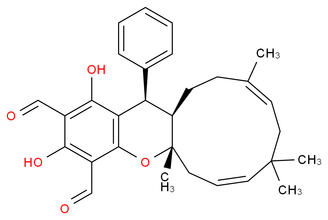 (1R,4E,8E,11S,19R)-15,17-dihydroxy-4,7,7,11-tetramethyl-19-phenyl-12-oxatricyclo[9.8.0.0<sup>1</sup><sup>3</sup>,<sup>1</sup><sup>8</sup>]nonadeca-4,8,13(18),14,16-pentaene-14,16-dicarbaldehyde_分子结构_CAS_1411629-26-9