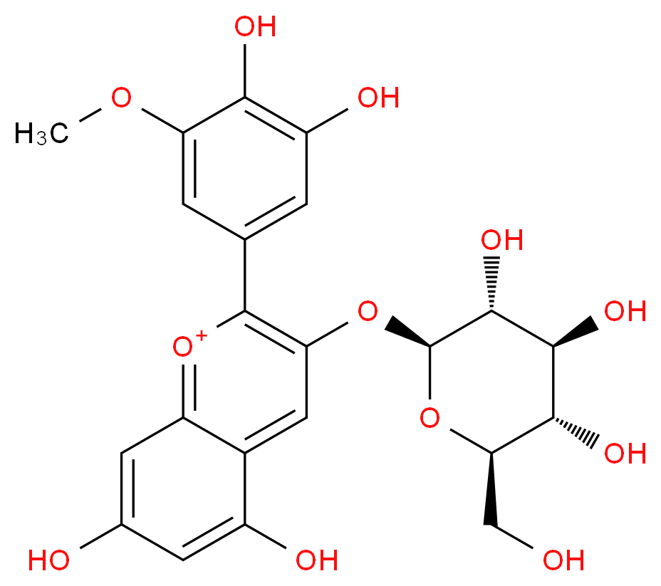 2-(3,4-dihydroxy-5-methoxyphenyl)-5,7-dihydroxy-3-{[(2S,3R,4S,5S,6R)-3,4,5-trihydroxy-6-(hydroxymethyl)oxan-2-yl]oxy}-1λ<sup>4</sup>-chromen-1-ylium_分子结构_CAS_6988-81-4