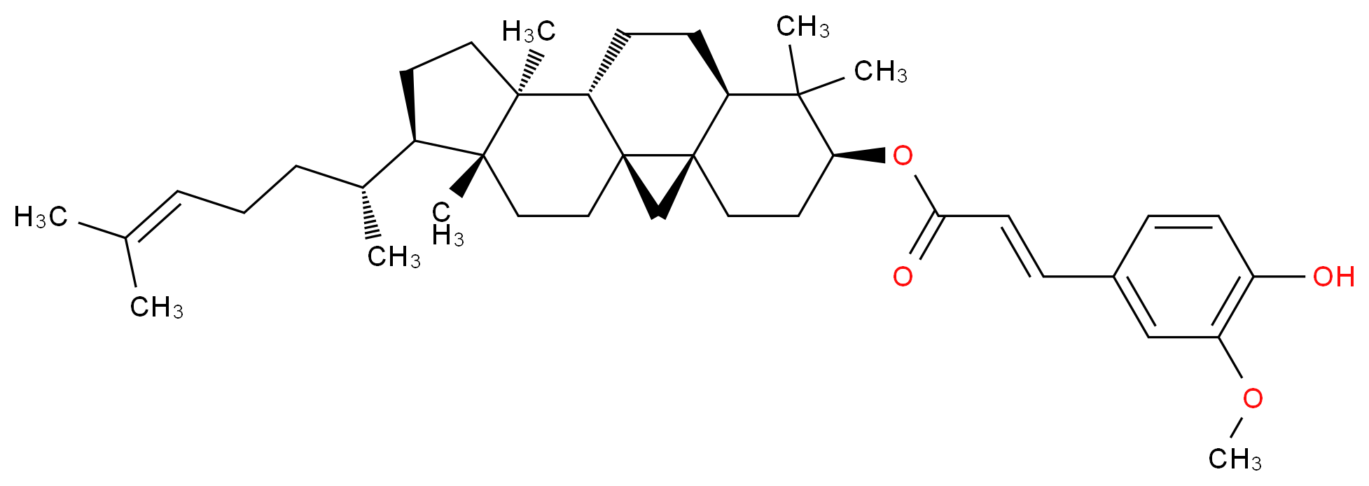 (1S,3R,6S,8R,11S,12S,15R,16R)-7,7,12,16-tetramethyl-15-[(2R)-6-methylhept-5-en-2-yl]pentacyclo[9.7.0.0<sup>1</sup>,<sup>3</sup>.0<sup>3</sup>,<sup>8</sup>.0<sup>1</sup><sup>2</sup>,<sup>1</sup><sup>6</sup>]octadecan-6-yl (2E)-3-(4-hydroxy-3-methoxyphenyl)prop-2-enoate_分子结构_CAS_11042-64-1