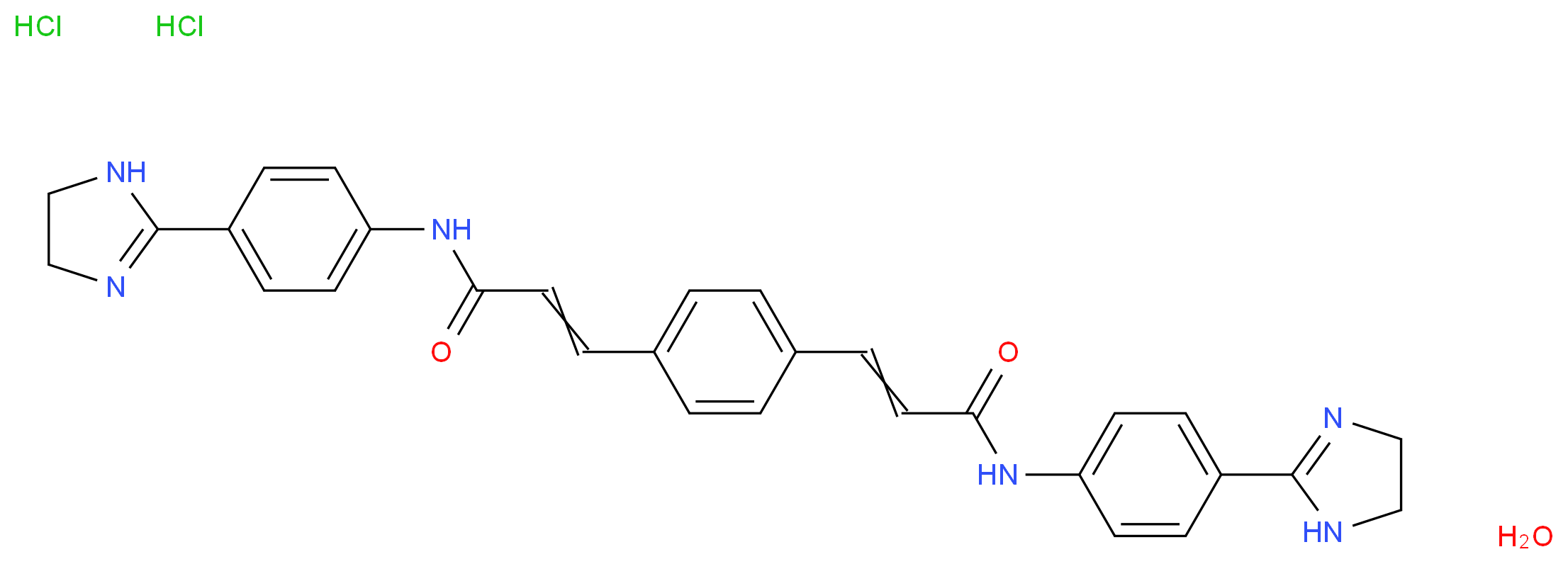 N-[4-(4,5-dihydro-1H-imidazol-2-yl)phenyl]-3-[4-(2-{[4-(4,5-dihydro-1H-imidazol-2-yl)phenyl]carbamoyl}eth-1-en-1-yl)phenyl]prop-2-enamide hydrate dihydrochloride_分子结构_CAS_6823-69-4
