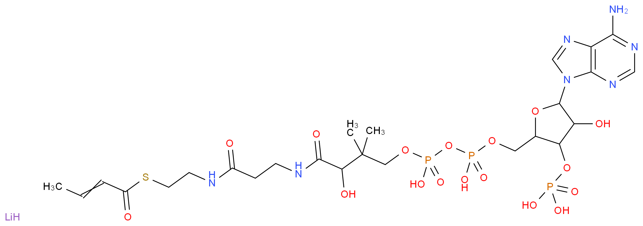 {[5-(6-amino-9H-purin-9-yl)-2-[({[({3-[(2-{[2-(but-2-enoylsulfanyl)ethyl]carbamoyl}ethyl)carbamoyl]-3-hydroxy-2,2-dimethylpropoxy}(hydroxy)phosphoryl)oxy](hydroxy)phosphoryl}oxy)methyl]-4-hydroxyoxolan-3-yl]oxy}phosphonic acid lithium_分子结构_CAS_102680-35-3