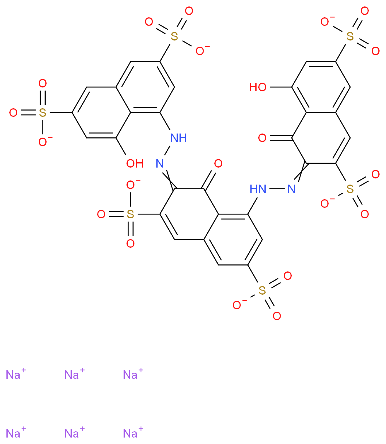 hexasodium 4-hydroxy-5-(2-{8-[2-(8-hydroxy-1-oxo-3,6-disulfonato-1,2-dihydronaphthalen-2-ylidene)hydrazin-1-yl]-1-oxo-3,6-disulfonato-1,2-dihydronaphthalen-2-ylidene}hydrazin-1-yl)naphthalene-2,7-disulfonate_分子结构_CAS_3810-39-7