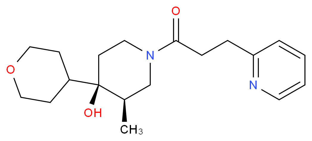 (3R*,4R*)-3-methyl-1-[3-(2-pyridinyl)propanoyl]-4-(tetrahydro-2H-pyran-4-yl)-4-piperidinol_分子结构_CAS_)
