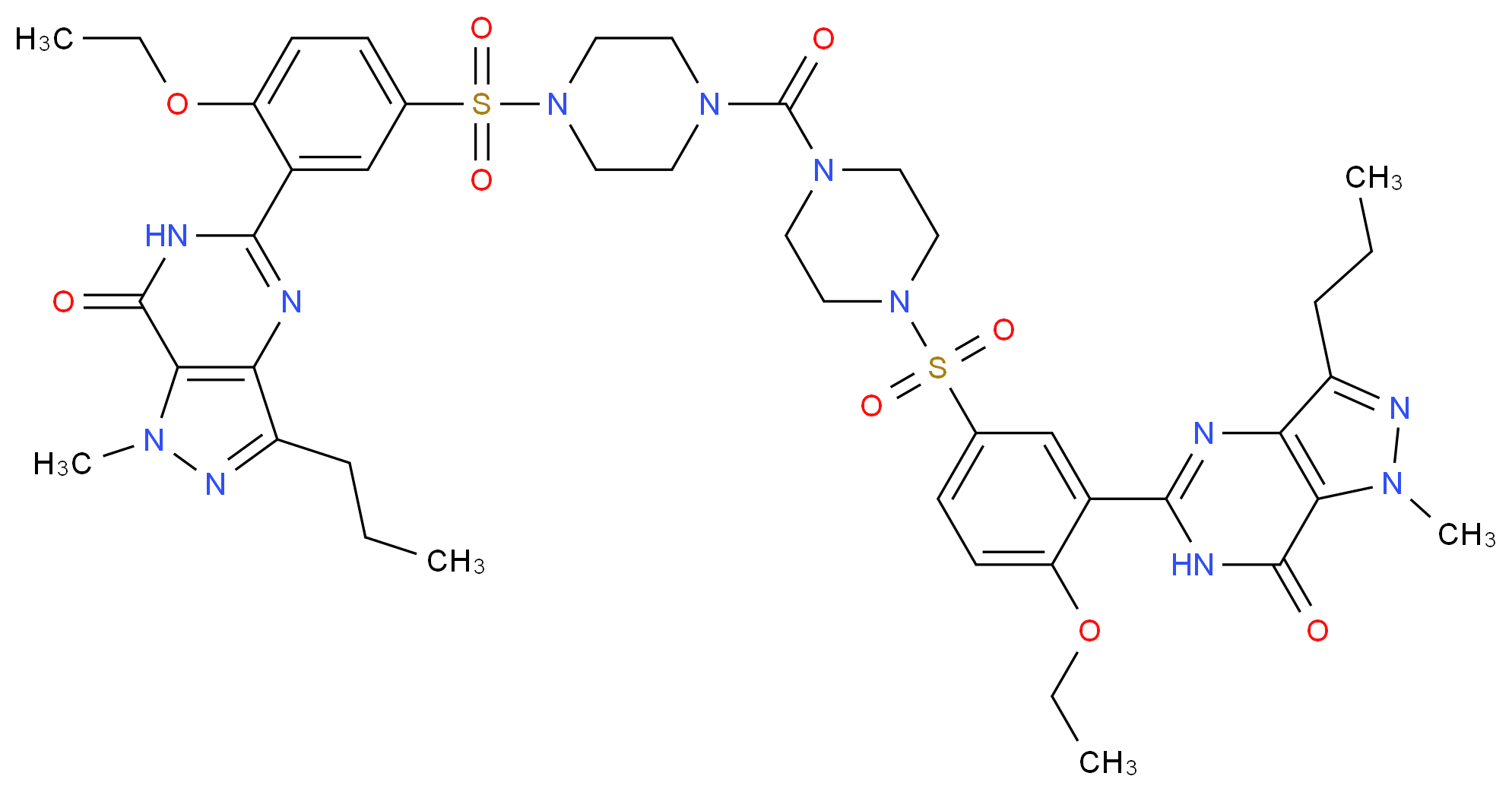 5-[2-ethoxy-5-({4-[4-(4-ethoxy-3-{1-methyl-7-oxo-3-propyl-1H,6H,7H-pyrazolo[4,3-d]pyrimidin-5-yl}benzenesulfonyl)piperazine-1-carbonyl]piperazin-1-yl}sulfonyl)phenyl]-1-methyl-3-propyl-1H,6H,7H-pyrazolo[4,3-d]pyrimidin-7-one_分子结构_CAS_398507-55-6