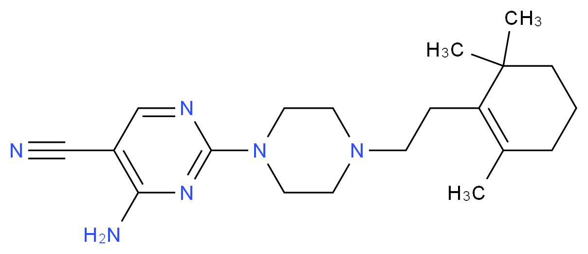 4-amino-2-{4-[2-(2,6,6-trimethylcyclohex-1-en-1-yl)ethyl]piperazin-1-yl}pyrimidine-5-carbonitrile_分子结构_CAS_)