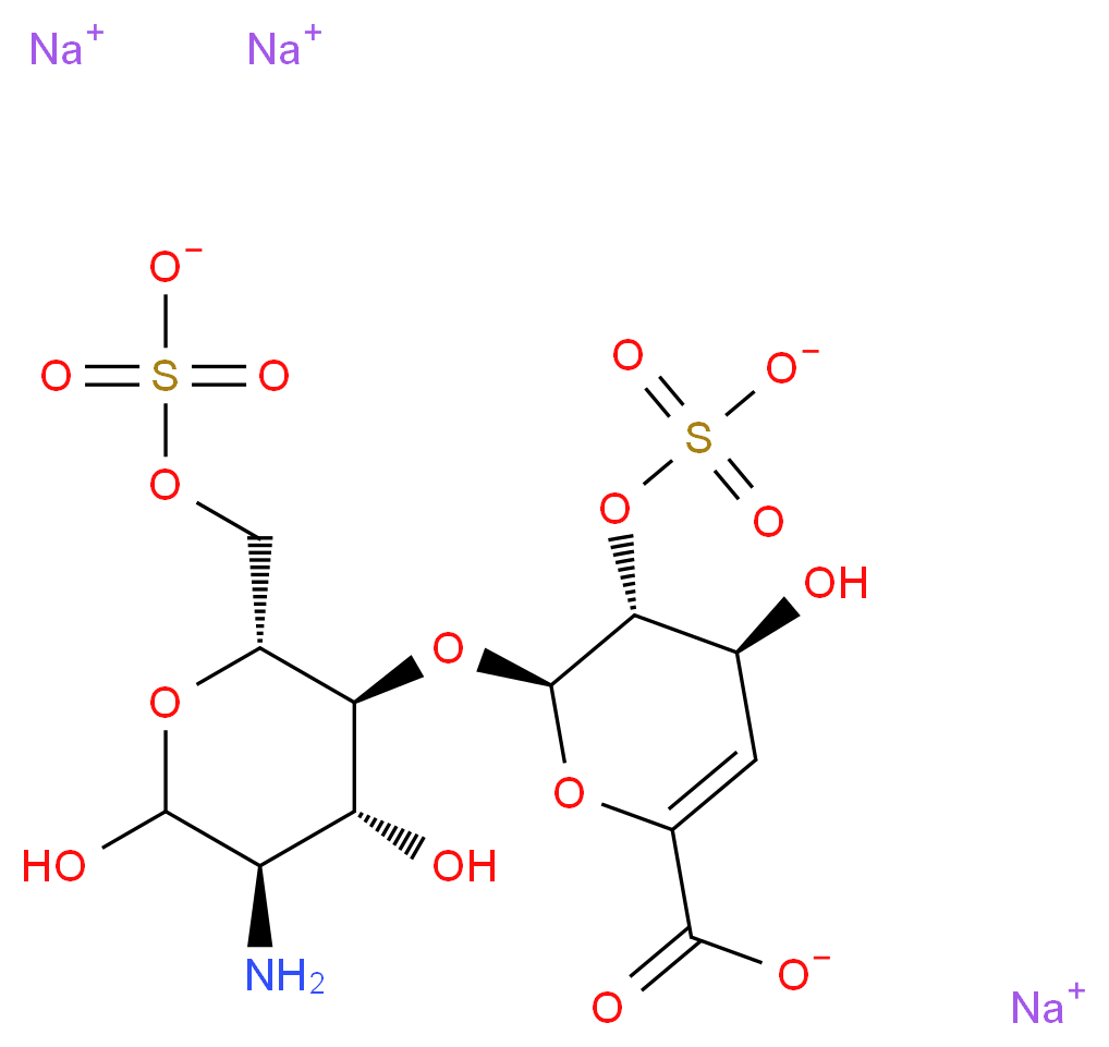 trisodium (2R,3R,4S)-2-{[(2R,3S,4R,5R)-5-amino-4,6-dihydroxy-2-[(sulfonatooxy)methyl]oxan-3-yl]oxy}-4-hydroxy-3-(sulfonatooxy)-3,4-dihydro-2H-pyran-6-carboxylate_分子结构_CAS_136098-04-9