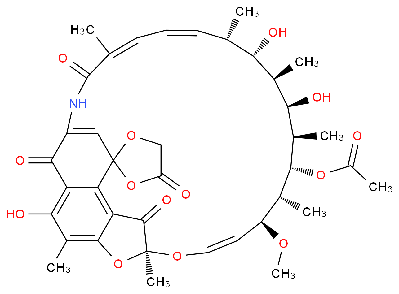 (7'S,9'E,11'S,12'R,13'S,14'R,15'R,16'R,17'S,18'S,19'E)-2',15',17'-trihydroxy-11'-methoxy-3',7',12',14',16',18',22'-heptamethyl-5,6',23',29'-tetraoxo-8',30'-dioxa-24'-azaspiro[1,3-dioxolane-2,27'-tetracyclo[23.3.1.1<sup>4</sup>,<sup>7</sup>.0<sup>5</sup>,<sup>2</sup><sup>8</sup>]triacontane]-1'(28'),2',4',9',19',21',25'-heptaen-13'-yl acetate_分子结构_CAS_14487-05-9