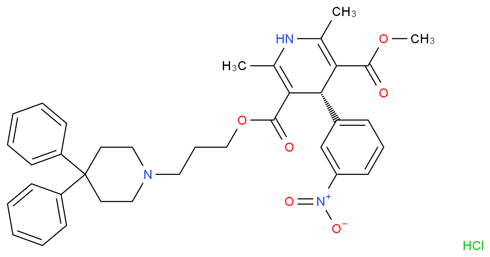 3-[3-(4,4-diphenylpiperidin-1-yl)propyl] 5-methyl (4S)-2,6-dimethyl-4-(3-nitrophenyl)-1,4-dihydropyridine-3,5-dicarboxylate hydrochloride_分子结构_CAS_113165-32-5