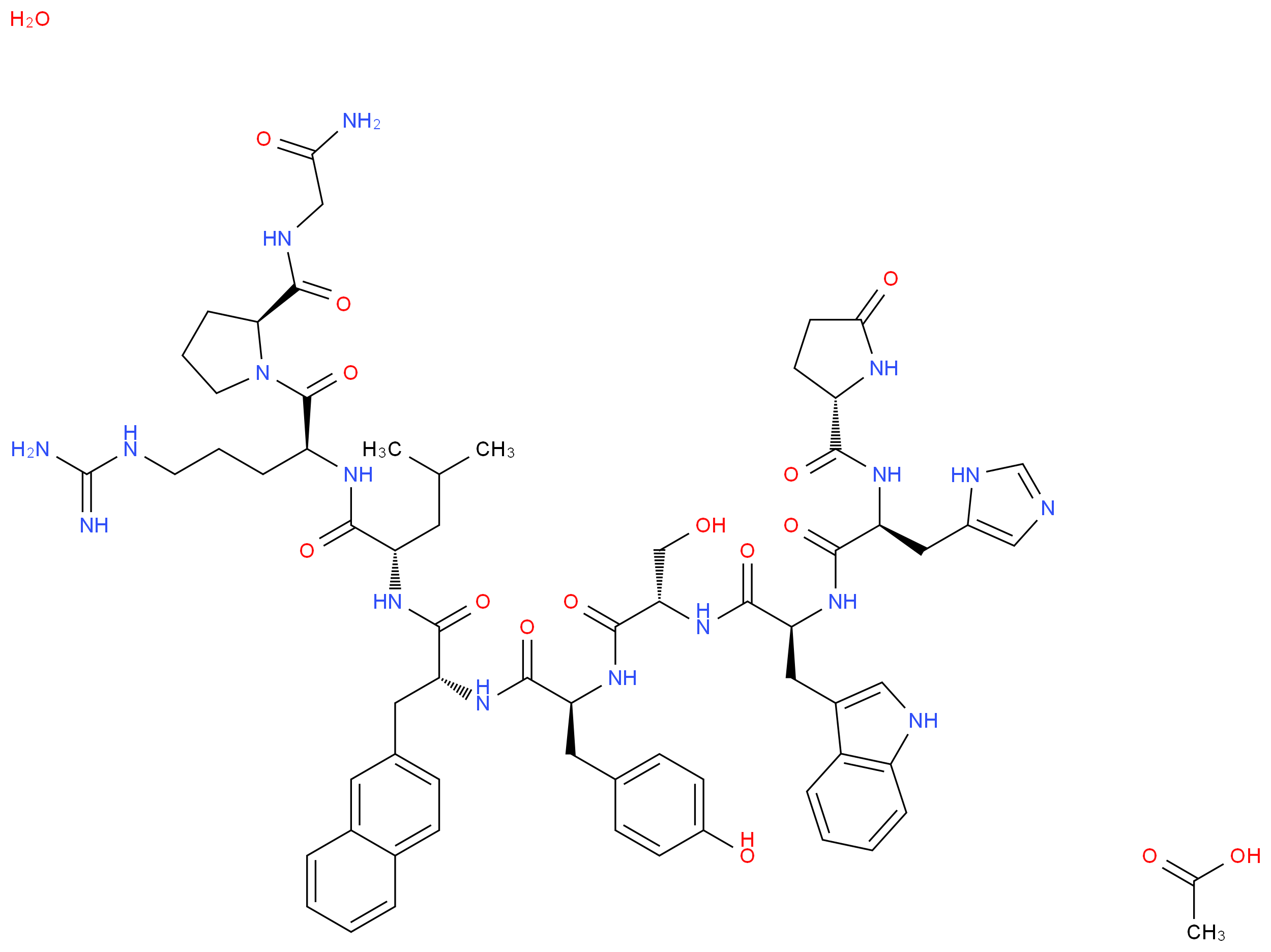 (2S)-N-[(2S)-5-carbamimidamido-1-[(2S)-2-[(carbamoylmethyl)carbamoyl]pyrrolidin-1-yl]-1-oxopentan-2-yl]-2-[(2R)-2-[(2S)-2-[(2S)-3-hydroxy-2-[(2S)-2-[(2S)-3-(1H-imidazol-5-yl)-2-{[(2S)-5-oxopyrrolidin-2-yl]formamido}propanamido]-3-(1H-indol-3-yl)propanamido]propanamido]-3-(4-hydroxyphenyl)propanamido]-3-(naphthalen-2-yl)propanamido]-4-methylpentanamide acetic acid hydrate_分子结构_CAS_86220-42-0